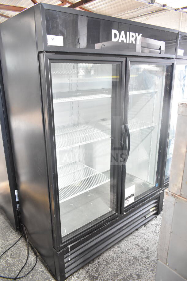 2019 True GDM-49-HC 2 Door Commercial Cooler Merchandiser, 115V, features glass doors, black exterior, dairy sign.