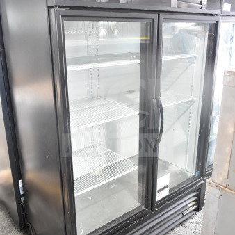 2019 True GDM-49-HC 2 Door Commercial Cooler Merchandiser, 115V, features glass doors, black exterior, dairy sign.