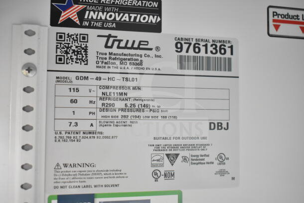 Label of 2019 True GDM-49-HC Commercial 2 Door Cooler. Shows 115V, 1 Phase, compressor model NLE11MN, refrigerant R290.