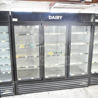 2019 True GDM-72-HC commercial 3-door cooler merchandiser. Glass doors, labeled "Dairy," good condition. 115V, 1 Phase.