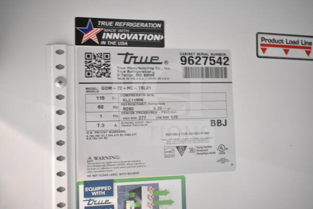 Label for 2019 True GDM-72-HC Cooler. Serial: 9627542. 115V, 1 phase. R290 refrigerant. Made in USA.