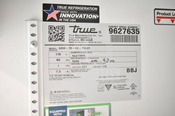 Label of 2019 True GDM-72-HC Commercial Cooler. Shows model, serial number 9627635, voltage 115V, refrigerant R290.