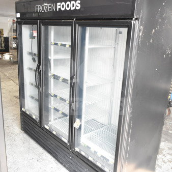 2019 True GDM-72F-HC 3 Door Reach In Freezer Merchandiser, good condition, black exterior, “FROZEN FOODS” display.