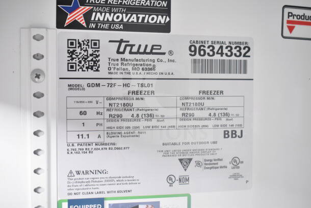 Label of 2019 True GDM-72F-HC commercial freezer with model details, serial number 9634332, and power specifications.
