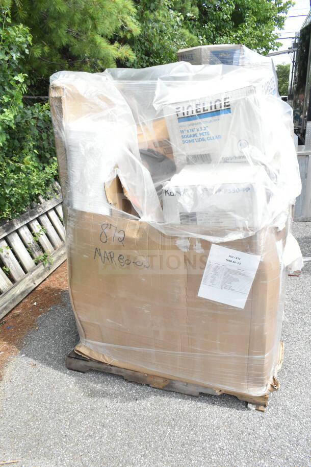 Large pallet of brand new, scratch and dent items including carryout bags, meat trays, and more. Tag: "872 MAR30-02."