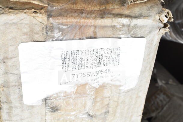 Cardboard box with label "712SSWS0548," indicating Lavex stainless steel wall mount. Box is taped and slightly worn.