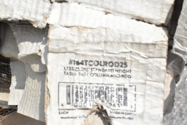 A damaged cardboard box with label "#184TCOLROD25" indicating table base column and rod, standard height.
