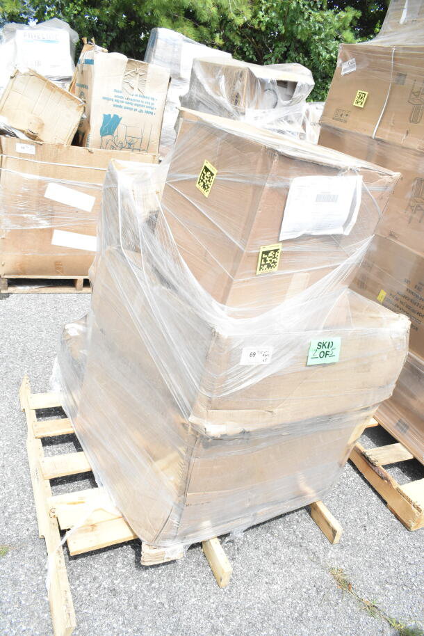 Pallet with five boxed items, shrink-wrapped, labeled "SKID 2 OF 5," includes sink and trash can, new condition.