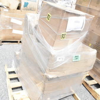 Pallet with five boxed items, shrink-wrapped, labeled "SKID 2 OF 5," includes sink and trash can, new condition.