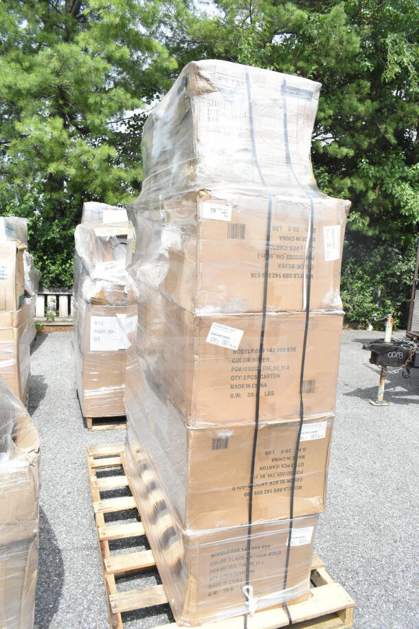 Stack of new scratch and dent items, including chairs and stools, wrapped on a pallet, labeled for auction JUL26-94.