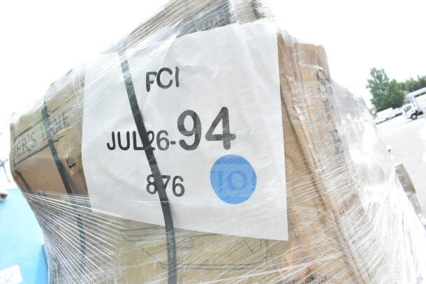 Pallet of 6 brand new scratch and dent chairs and stools, wrapped in plastic. Label marked "FCI JUL26-94", with blue dot.
