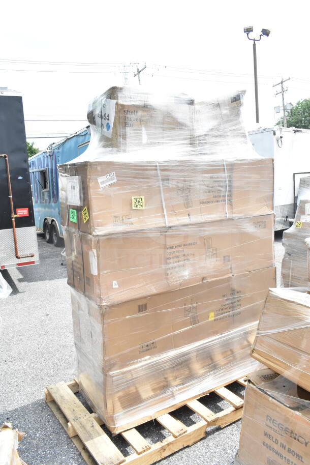 Pallet of six new scratch and dent items, including chairs and stools, wrapped in plastic, marked JUL26-94.