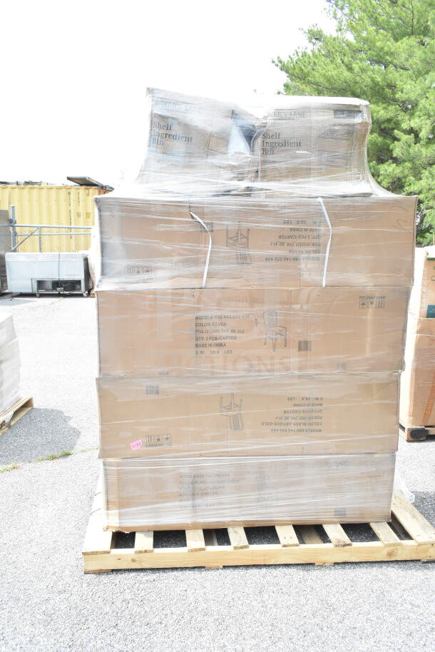 Pallet of boxed new chairs and stools, some scratch and dent, model 859142-959-336, silver color, 2 pcs/carton.