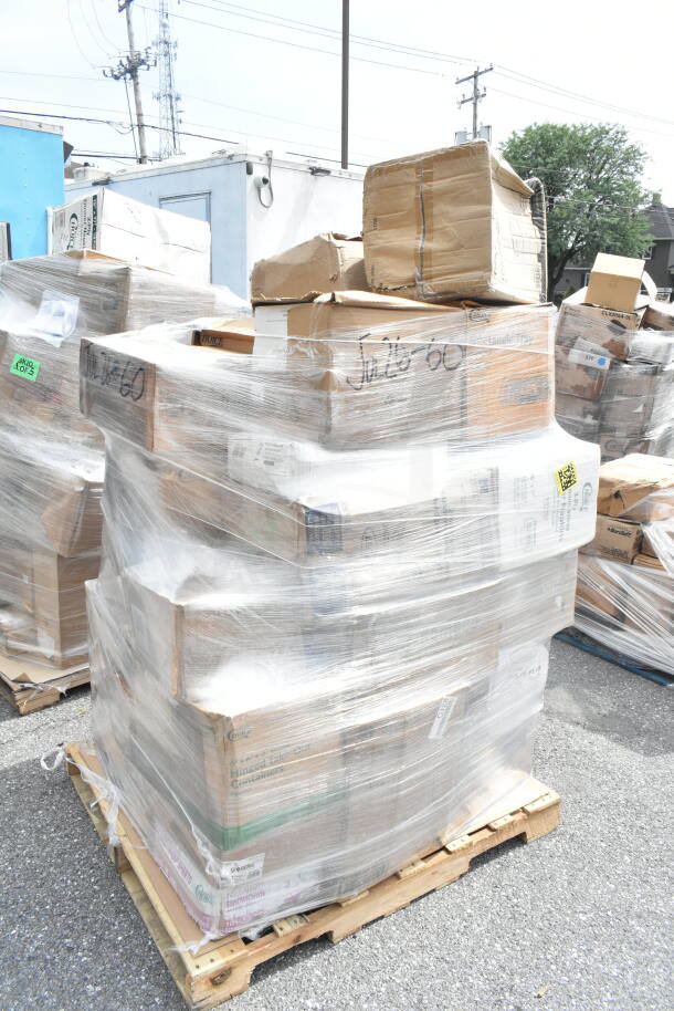 Pallet of 28 new scratch and dent items wrapped in plastic, including containers, lids, trash bags, and deli sheets, labeled "JUL26-60."