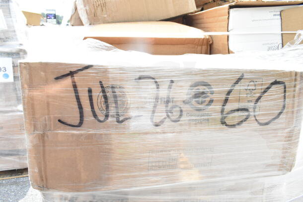 Pallet with 28 new scratch and dent items including containers, lids, trash bags, and deli sheets. Marked "JUL26-60."
