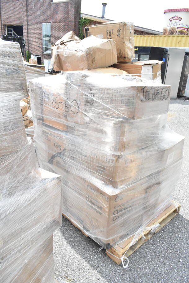 Pallet of 28 new scratch and dent items, including containers, lids, trash bags. Boxes shrink-wrapped, marked "JUL26-60".