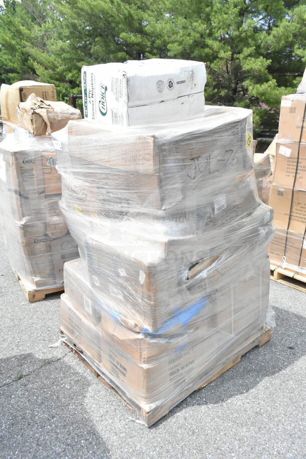 Pallet of 23 scratch and dent items, wrapped in plastic, including a high chair, toaster, fan, shelf, and lid organizer.