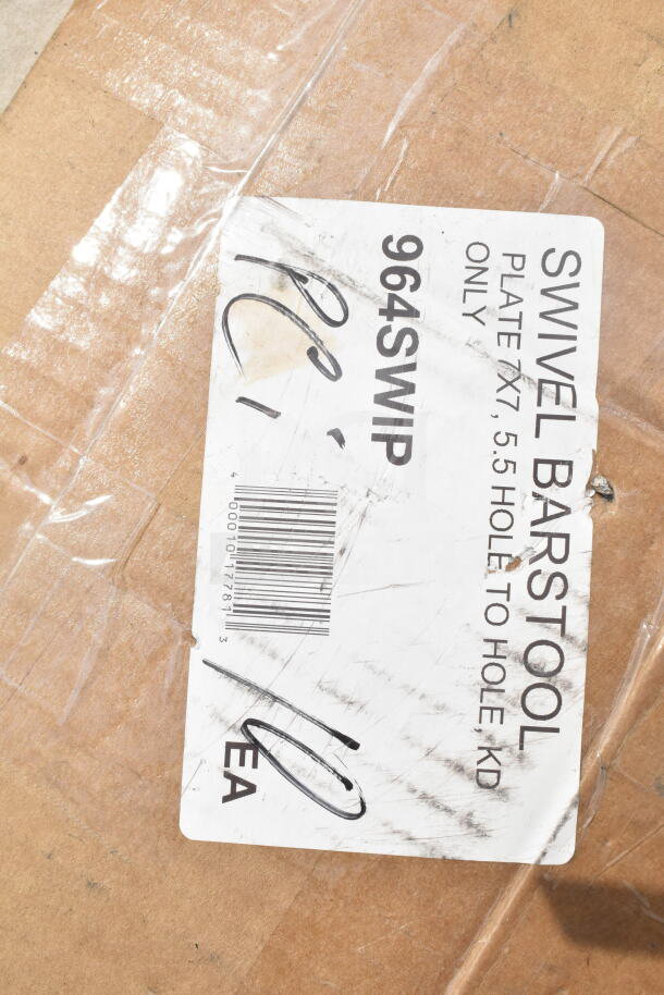 Cardboard box with a label reading "Swivel Barstool Plate 7x7, 5.5 Hole to Hole KD, 964SWIP." Possible scratch and dent items inside.