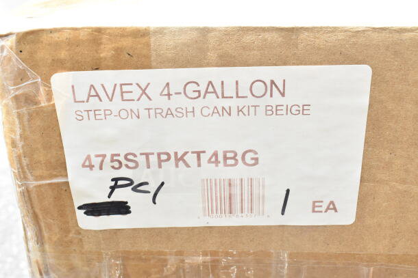 Lavex 4-gallon beige step-on trash can kit box with product label "475STPKT4BG" and barcode visible.