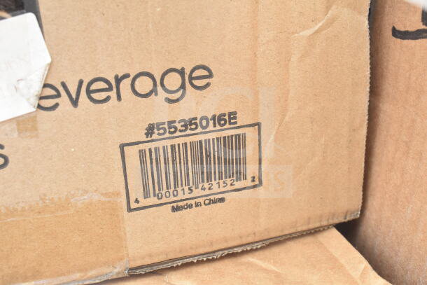 Cardboard box showing barcode #5535016E, labeled "Made in China". Contains new scratch and dent items: bowls, plates, glasses.