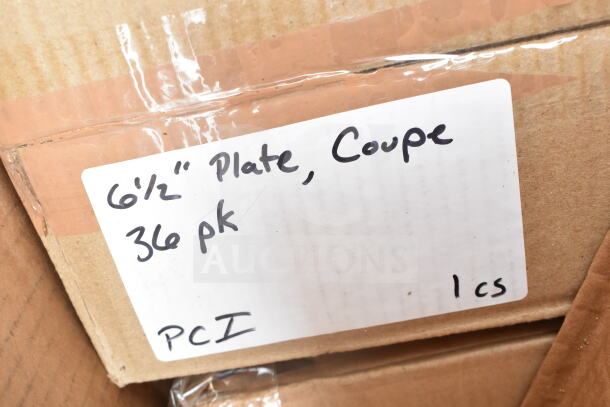 Cardboard box with label reading "6½" Plate, Coupe, 36 pk, PCI, 1 cs," part of 21 scratch and dent items auction lot.