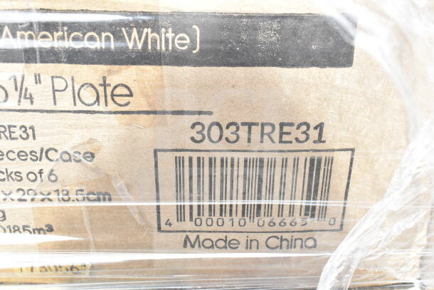 Cardboard box labeled "American White 10 1/4 Plate," model 303TRE31, barcode, "Made in China," wrapped in plastic.