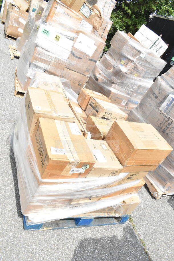 Pallet with 21 new scratch and dent items, including bowls, plates, glasses. Cardboard boxes wrapped in plastic.