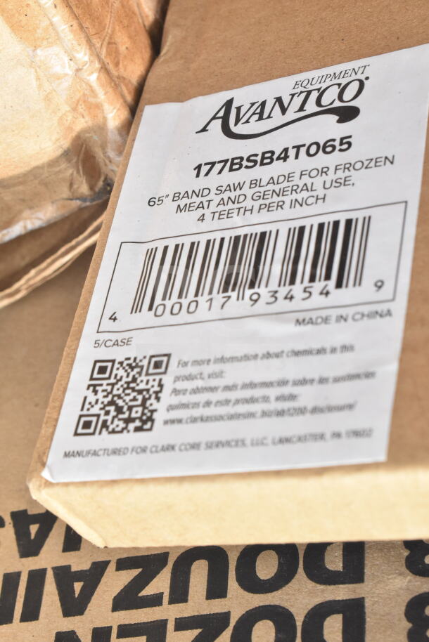 Close-up of an Avantco equipment label for a 65" band saw blade, model 177BSB4T065, for frozen meat, made in China.