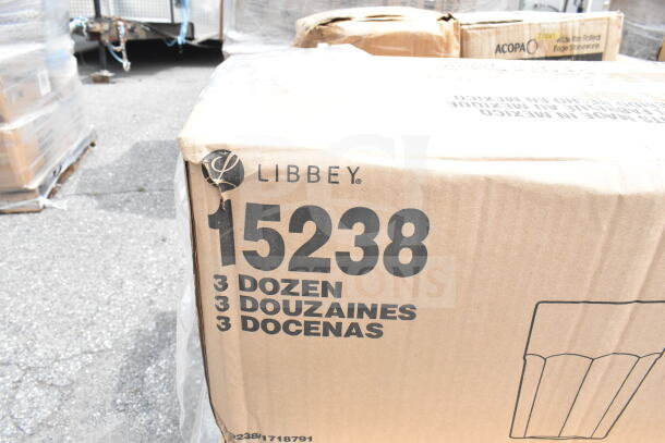 Cardboard box labeled "Libbey 15238," containing 3 dozen items. Box shows minor wear.