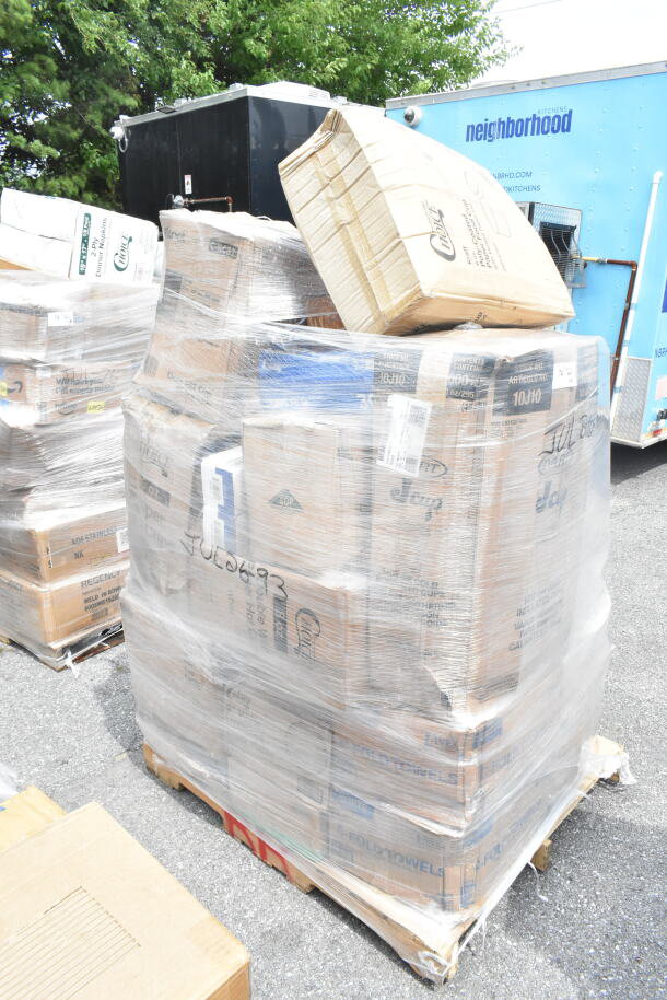 Pallet of 30 brand new scratch-and-dent items, including containers, cold cups, and towels, wrapped in clear plastic. Marked "JUL26-93".