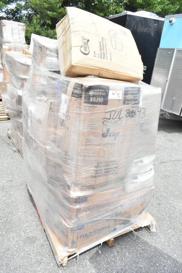 Pallet of brand new scratch and dent items, including containers, cups, towels, and plates. Boxes labeled Choice and Dart.