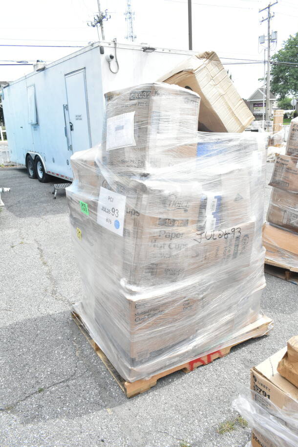 Pallet with 30 boxes of new scratch and dent items, including container, cold cup, towel, plate, foam cup, shrink-wrapped.