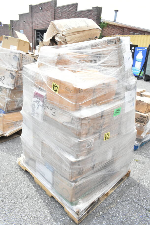 Pallet with 30 new scratch and dent items including containers, cups, towels, and plates wrapped in plastic. Marked JUL26-93.