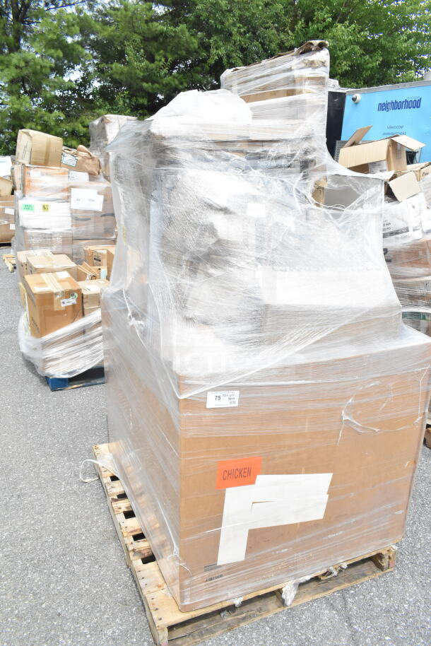 Pallet with wrapped boxes labeled "CHICKEN," containing 14 new scratch and dent items, including gelato pan and hotel pans.