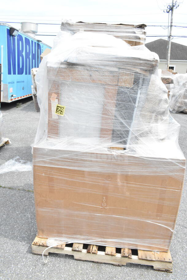 Auction lot of 14 new scratch and dent items, including gelato pan, hotel pans, work table, wrapped on a pallet.