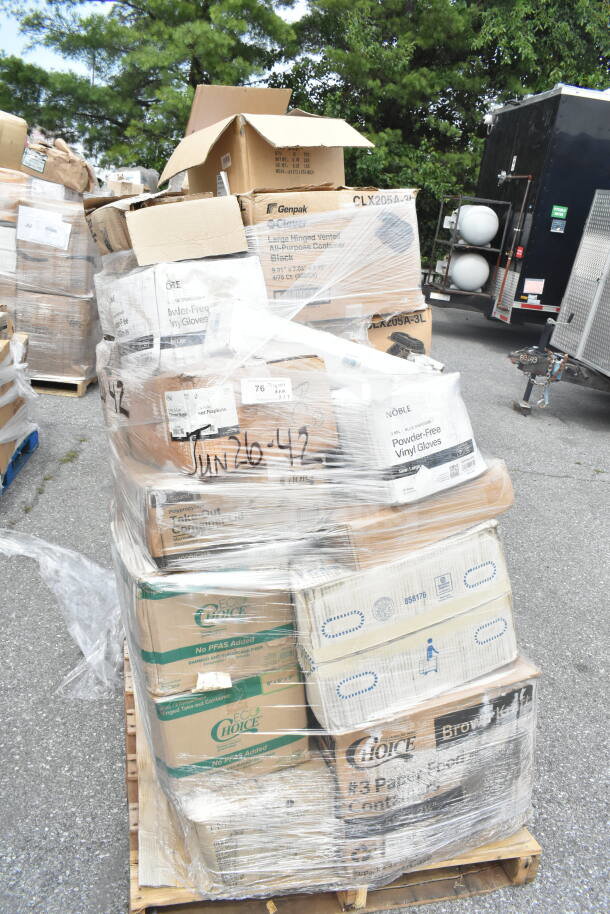 Pallet of 27 new scratch and dent items, including cold cups and napkins. Labeled "Jun26-42". Various boxes visible.