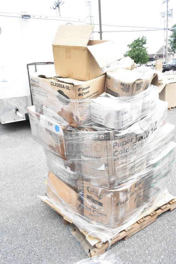 Plastic-wrapped pallet with multiple boxes of cold cups, napkins, foil, towels. Some boxes labeled Genpak, Noble, CLX205A-3L, 5633.