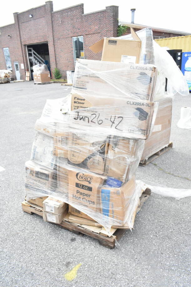 Pallet of 27 new assorted items including cold cups, napkins, foil, towels; labeled "JUN26-42" scratch and dent sale.