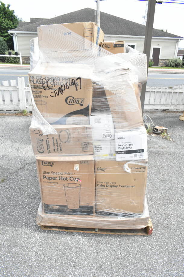 Pallet of 42 mixed items including Choice hot cups, deli wrap, gloves, napkins, and t-shirt bags. New, scratch and dent.