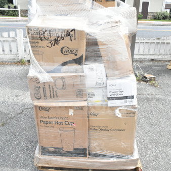 Pallet of 42 mixed items including Choice hot cups, deli wrap, gloves, napkins, and t-shirt bags. New, scratch and dent.