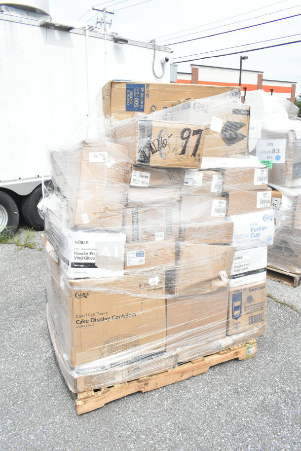 Pallet of 42 mixed items, including hot cups, deli wrap, gloves, napkins, and T-shirt bags, in scratch and dent condition.