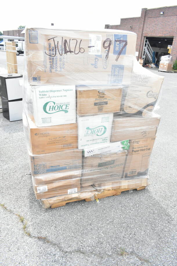 Pallet of 42 assorted items, including Choice brand hot cups, deli wrap, gloves, napkins, and t-shirt bags, wrapped in plastic.