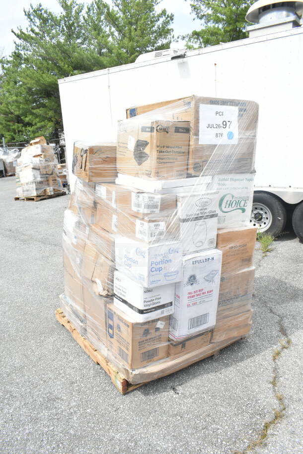 Pallet with 42 new scratch and dent items: hot cups, deli wrap, gloves, napkins, t-shirt bags. Various brands visible.