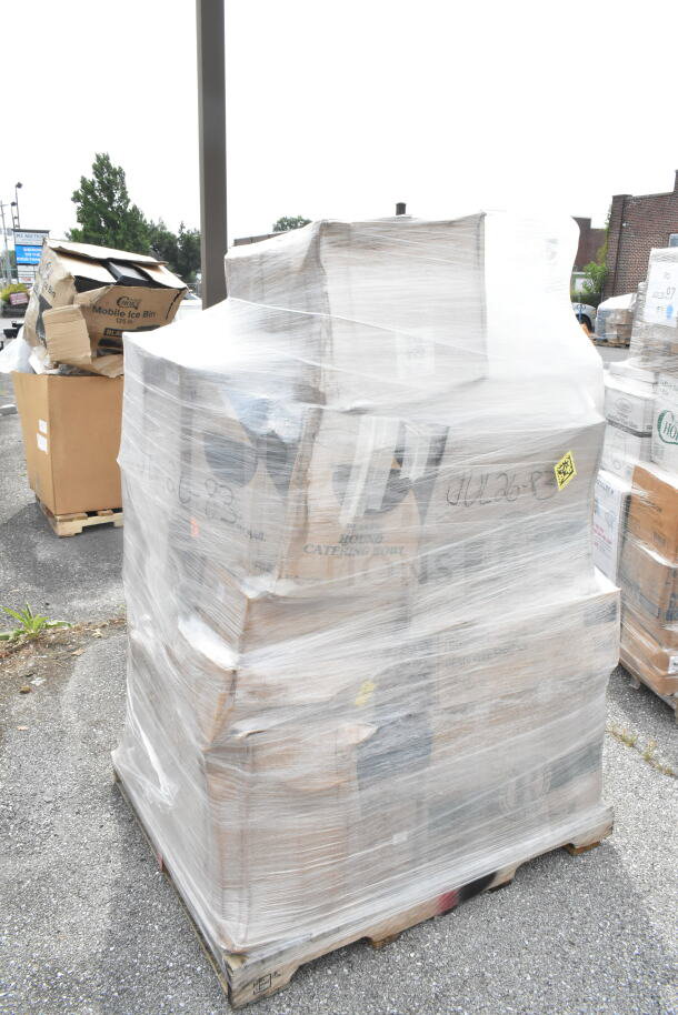 Pallet with 22 new scratch and dent items, shrink-wrapped; includes chair cushions, stealth cups, bowls, pendant light, trash can.