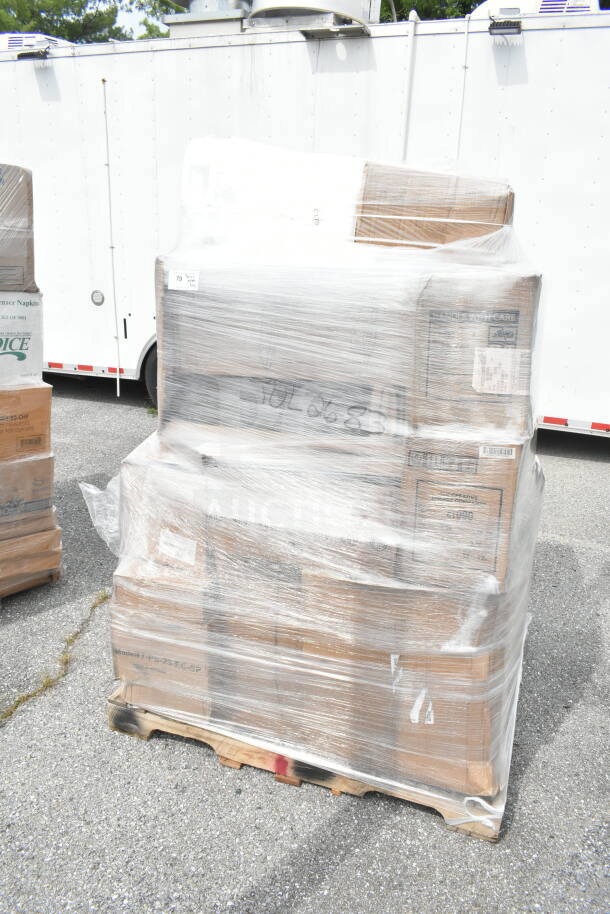 Shrink-wrapped pallet of 22 brand new scratch and dent items, including chair cushions, stealth cups, bowls, pendant light, and trash can. Marked "JUL26-83."