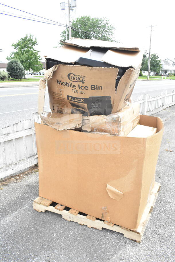 Box containing Choice Mobile Ice Bin, 125 lb capacity, black. Box shows wear and tear. Items described as scratch and dent.