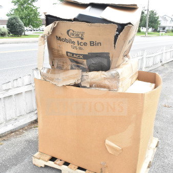 Box containing Choice Mobile Ice Bin, 125 lb capacity, black. Box shows wear and tear. Items described as scratch and dent.