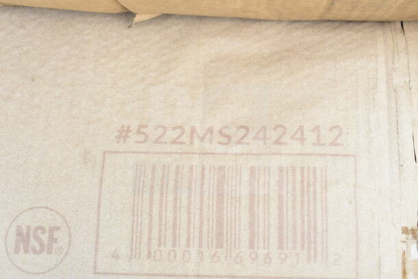Cardboard box with NSF marking, model #522MS242412, and barcode. Auction lot of 10 scratch and dent items including ice bins.