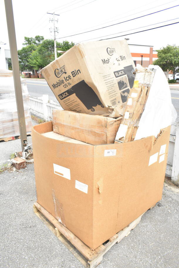 Box of 10 brand new scratch and dent items, including a Choice Mobile Ice Bin, on a pallet. Labels detail 125 lb capacity.