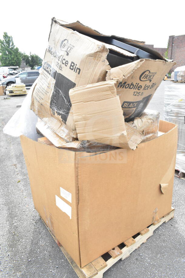 Cardboard box on a pallet containing 10 scratch and dent items, including a Choice Mobile Ice Bin with visible packaging damage.